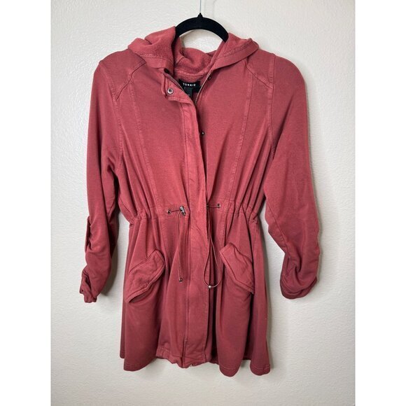 Torrid Women's Rust Jacket Size 00 lightweight rayon hooded zip up gathered‎ - Picture 2 of 10